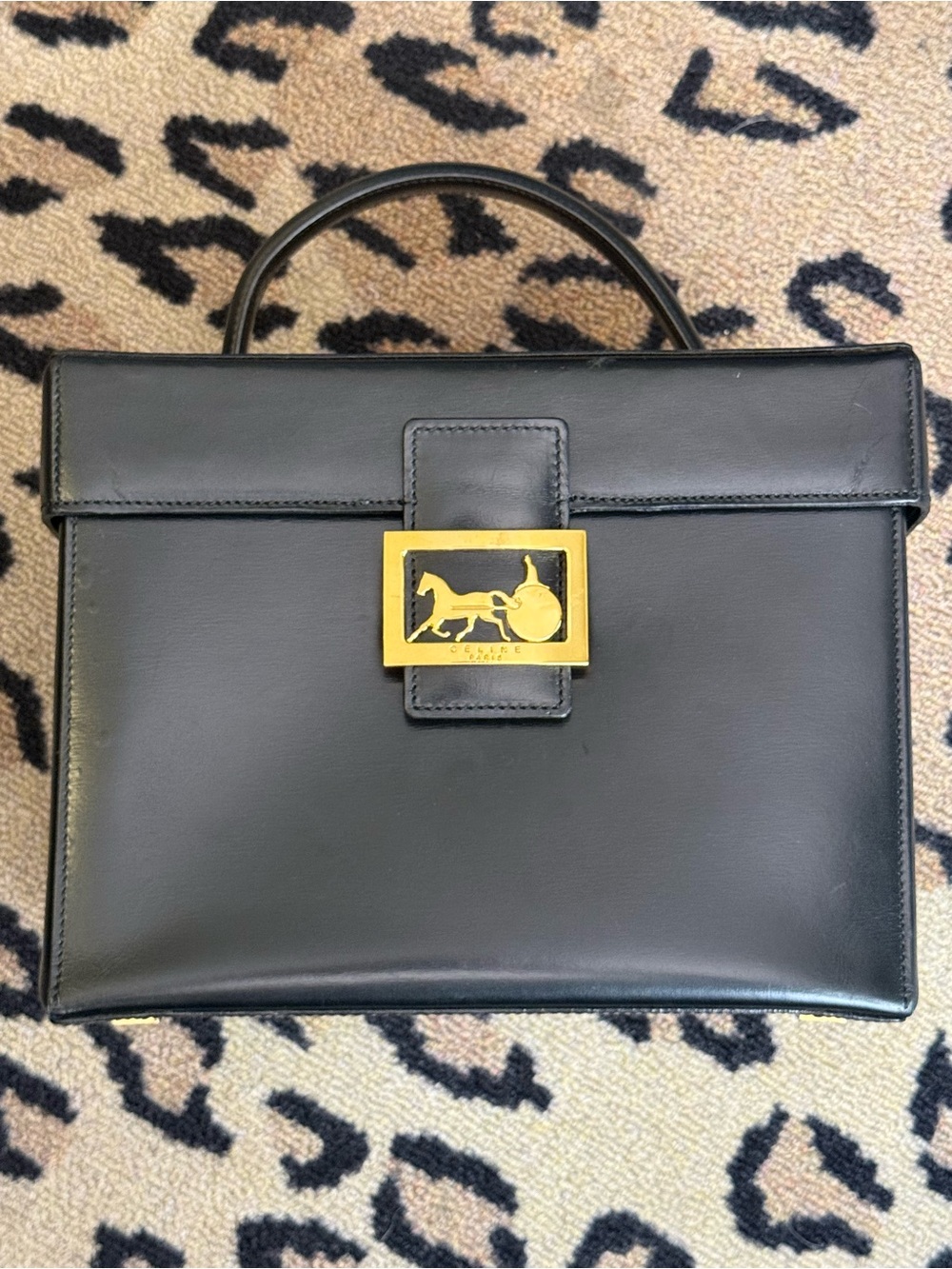 Vintage Celine Black Leather Top Handle Carrying Case w/ Gold Horse Plaque Lock